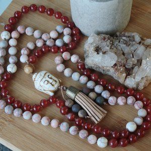 108 Mala Bead Necklace, 8mm Pink Zebra Jasper and Agate Gemstones, Carved Buddah